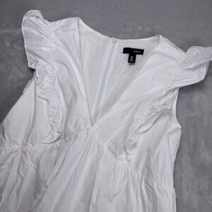 Aqua White Cotton Tiered Mini Dress Ruffle Flutter Sleeve V-Neck Size M